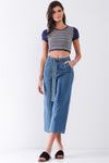 Mid-Blue High-Waisted Cropped Wide Leg Self-Tie D-Ring Belt Denim Pants