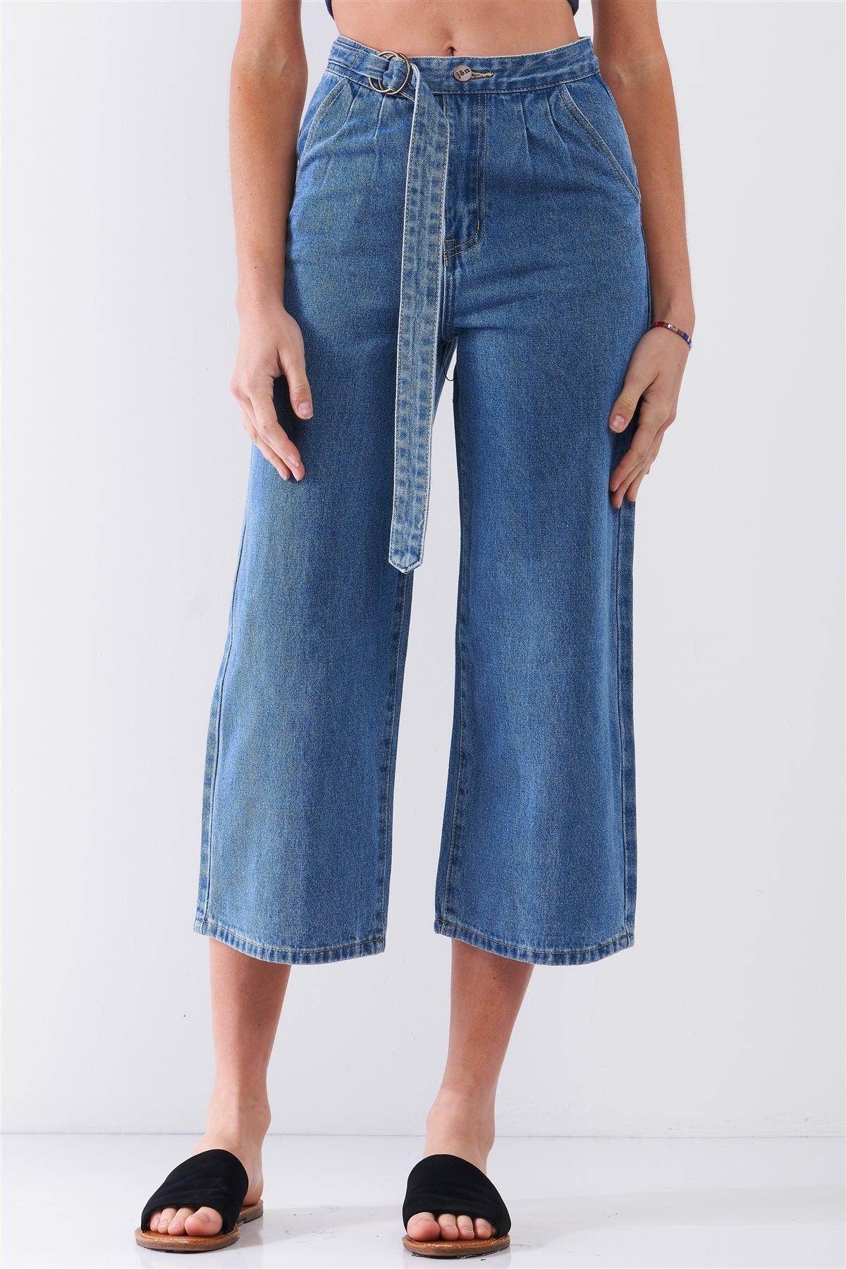 Mid-Blue High-Waisted Cropped Wide Leg Self-Tie D-Ring Belt Denim Pants /1-1-2-2-1-1