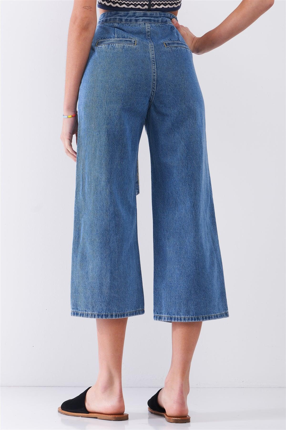 Mid-Blue High-Waisted Cropped Wide Leg Self-Tie D-Ring Belt Denim Pants /1-1-2-2-1-1