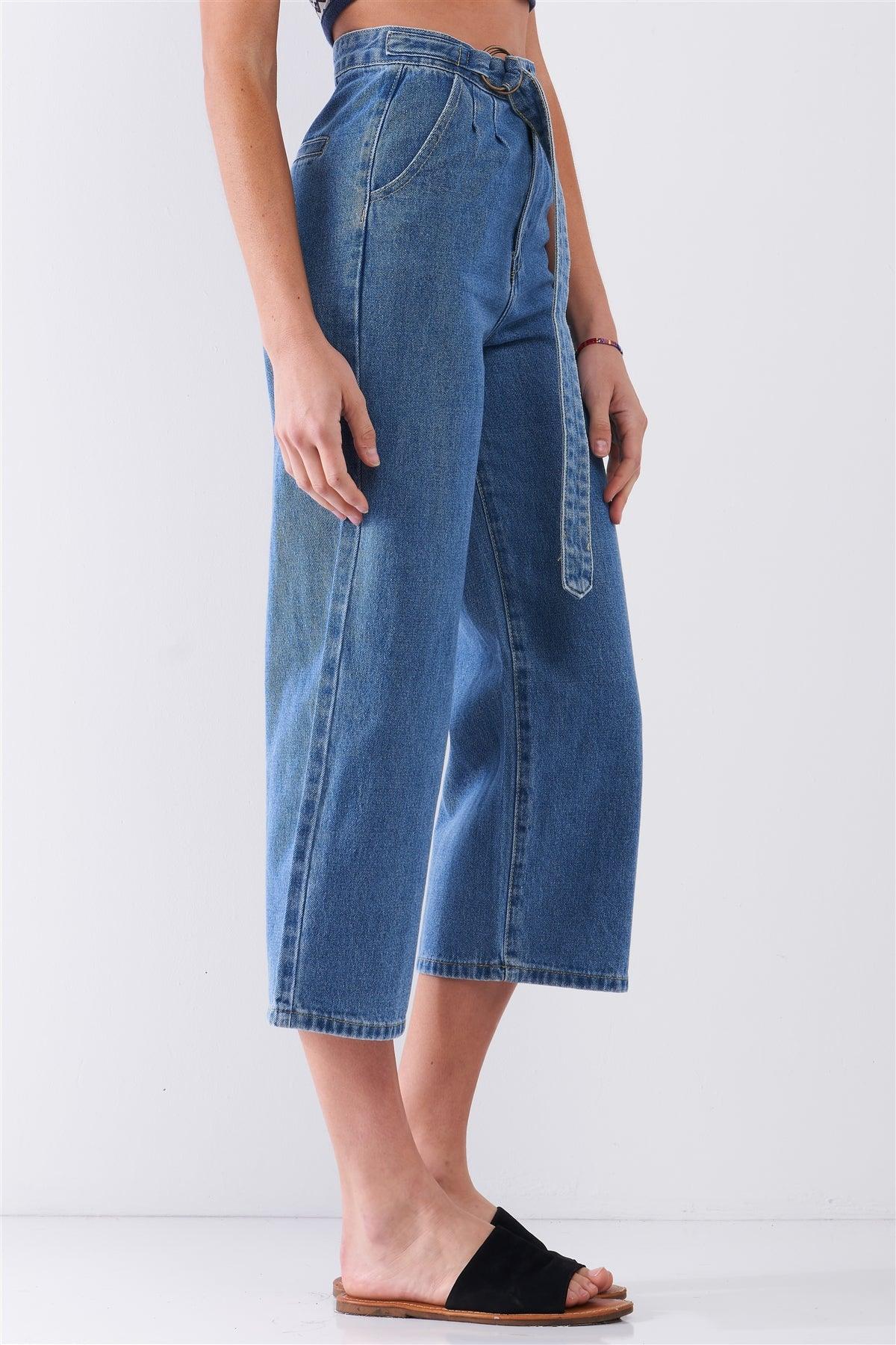 Mid-Blue High-Waisted Cropped Wide Leg Self-Tie D-Ring Belt Denim Pants /1-1-2-2-1-1