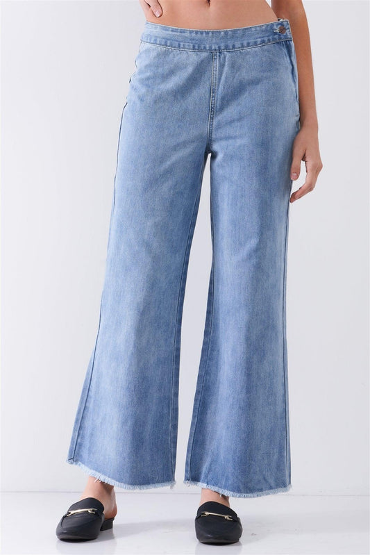 Mid Blue Denim Low-Rise Raw Hem Detail Side Zip-Up Basic Flare Jean Pants