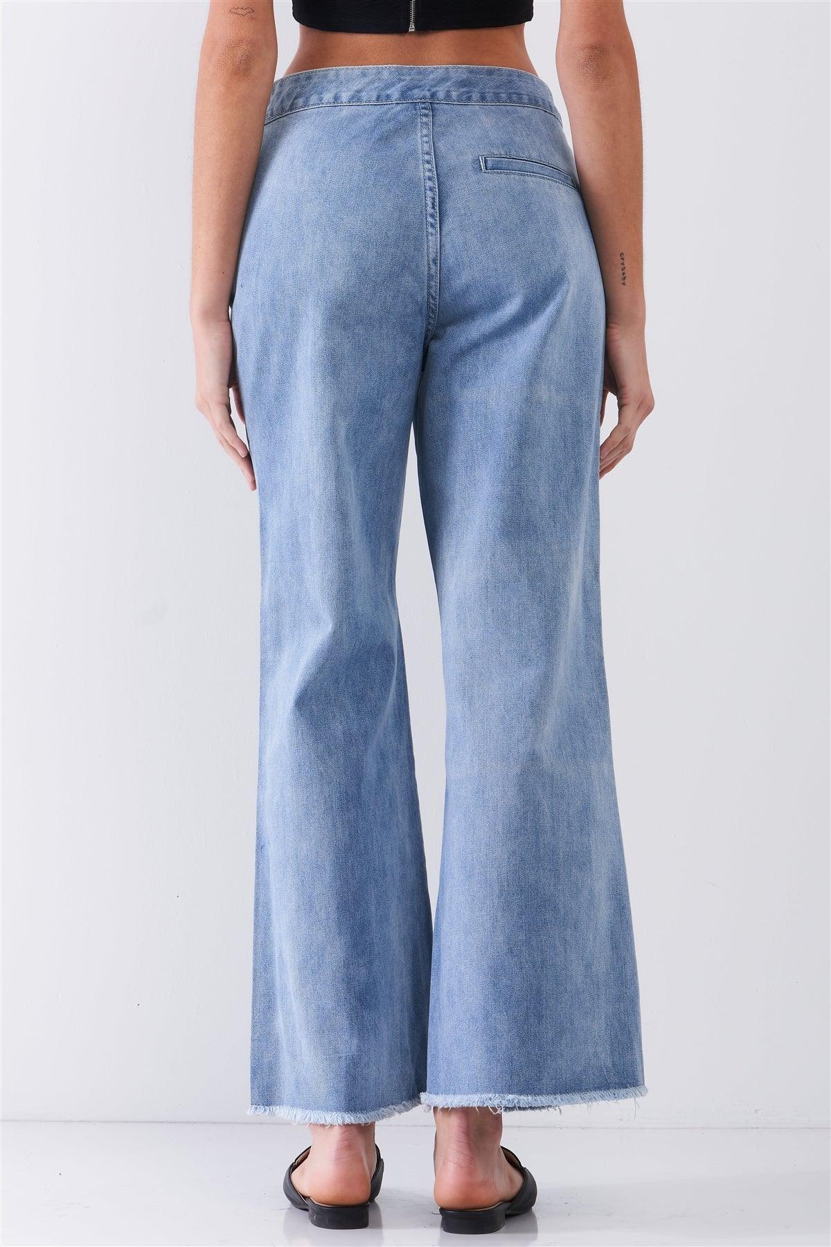 Mid Blue Denim Low-Rise Raw Hem Detail Side Zip-Up Basic Flare Jean Pants /2-2-2-1-1