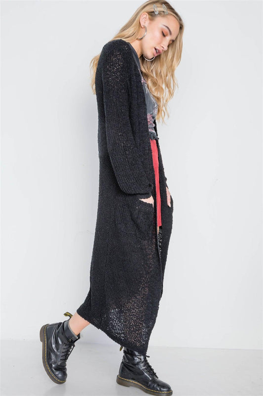 Black Long Sleeve Open Front Knit Cardigan /3-3