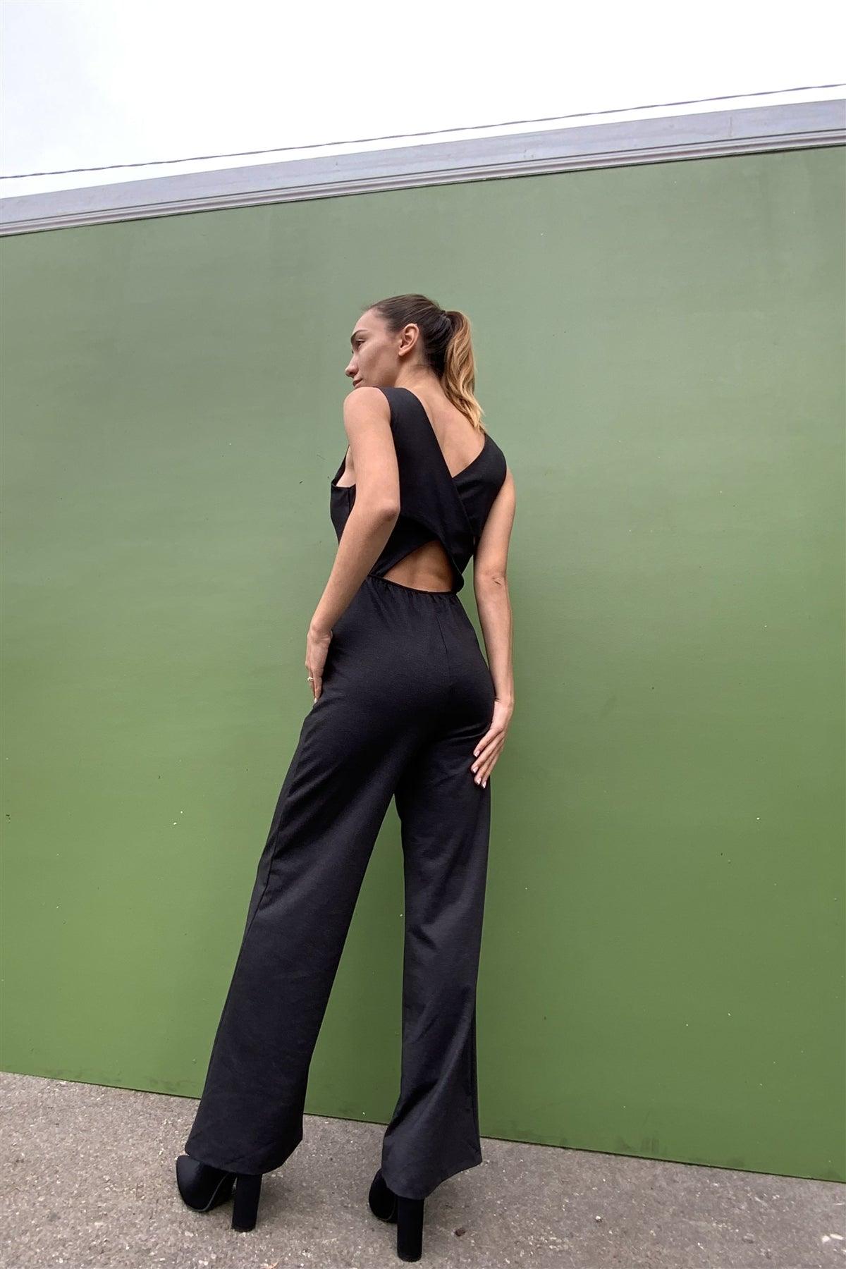 Washed Black Sleeveless Round Neck Criss-Cross Back Detail Wide Leg Jumpsuit /2-2-2