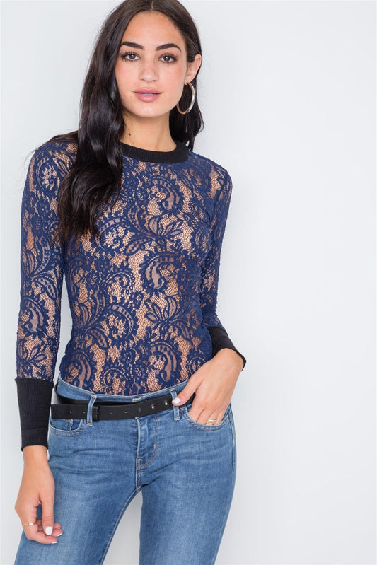 Navy Blue Contrast Cuffs Sheer Lace Bodysuit /2-3-2-1