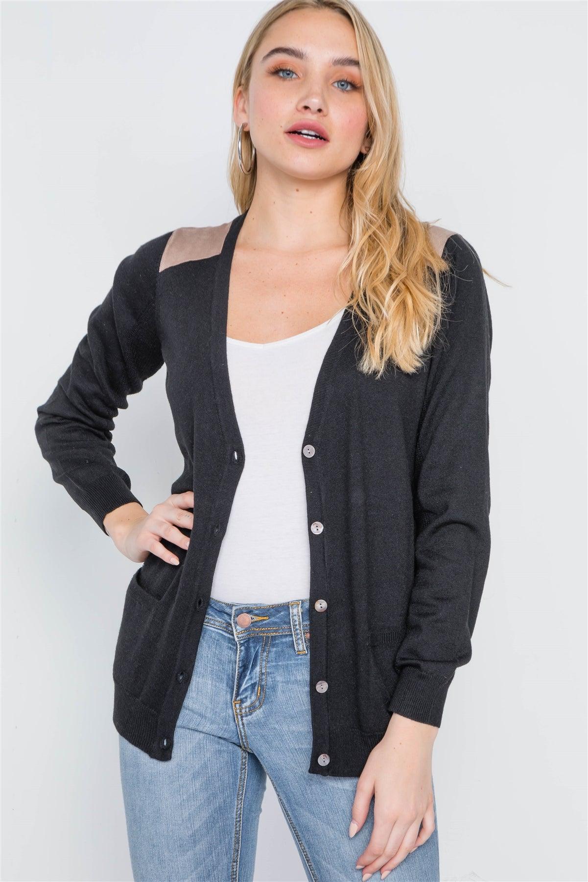 Black Long Sleeve Knit Button Front Cardigan /2-2-2