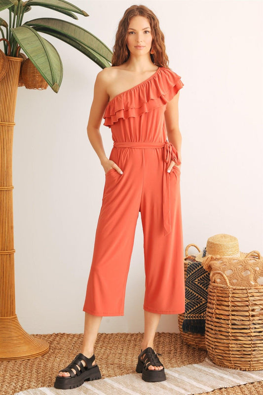 Rust Ruffle One Shoulder Belted Two Pocket Jumpsuit /2-2-2