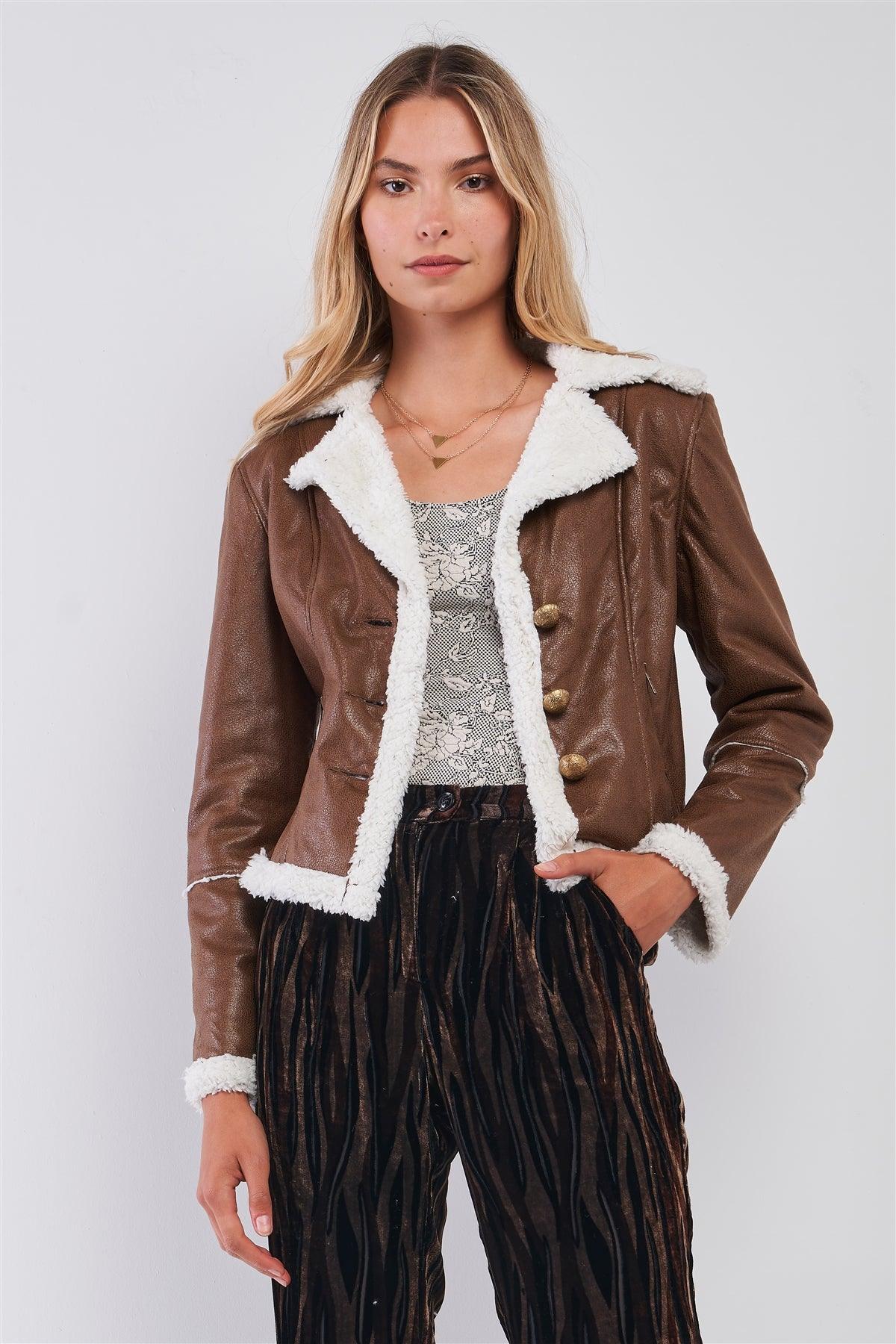 Brown Button-Down Vegan Sheepskin Half-Coat Jacket /1-1-1