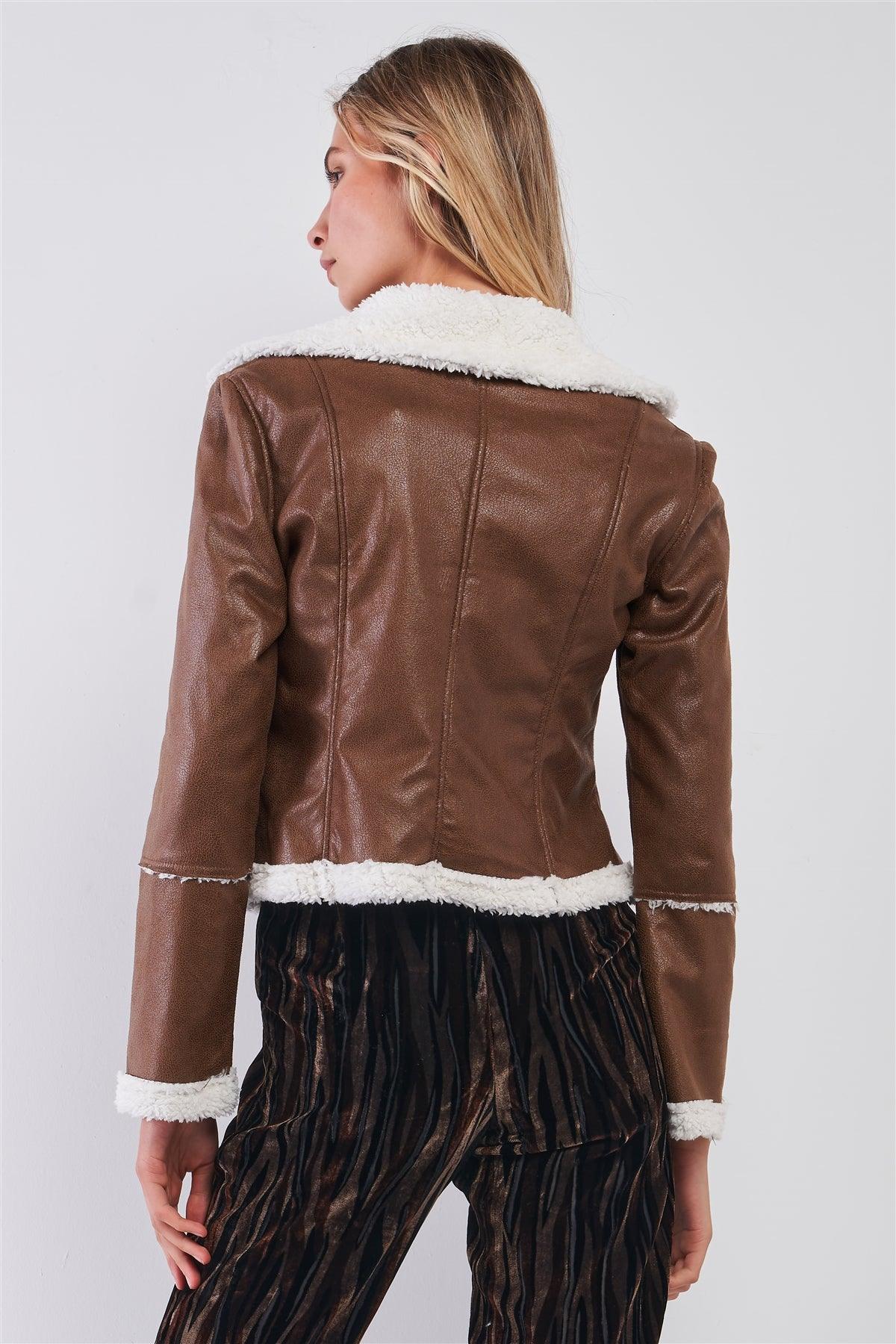 Brown Button-Down Vegan Sheepskin Half-Coat Jacket /1-1-1