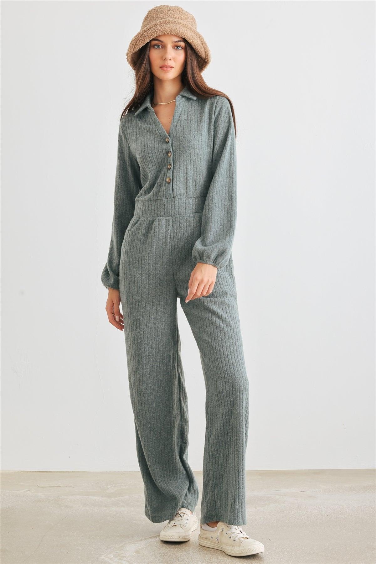 Jade Ribbed Knit Button-Up Collared Neck Two Pocket Jumpsuit /2-2-2