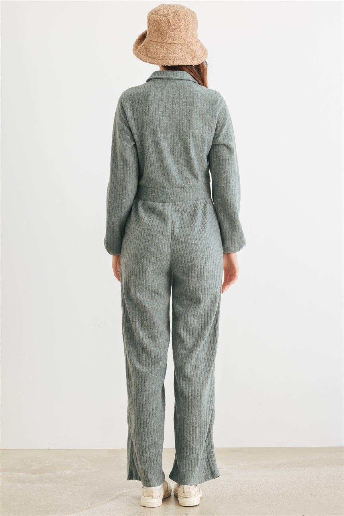 Jade Ribbed Knit Button-Up Collared Neck Two Pocket Jumpsuit /2-2-2