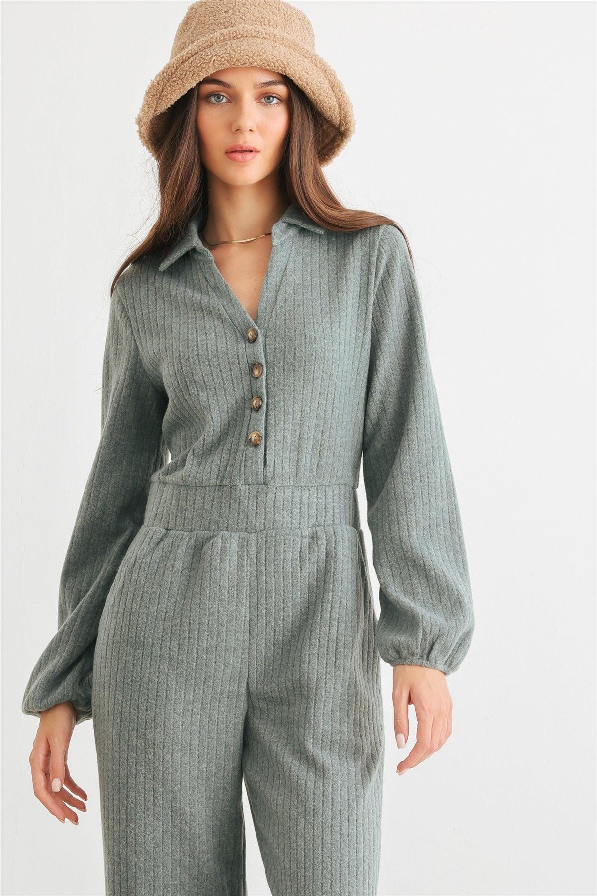 Jade Ribbed Knit Button-Up Collared Neck Two Pocket Jumpsuit /2-2-2