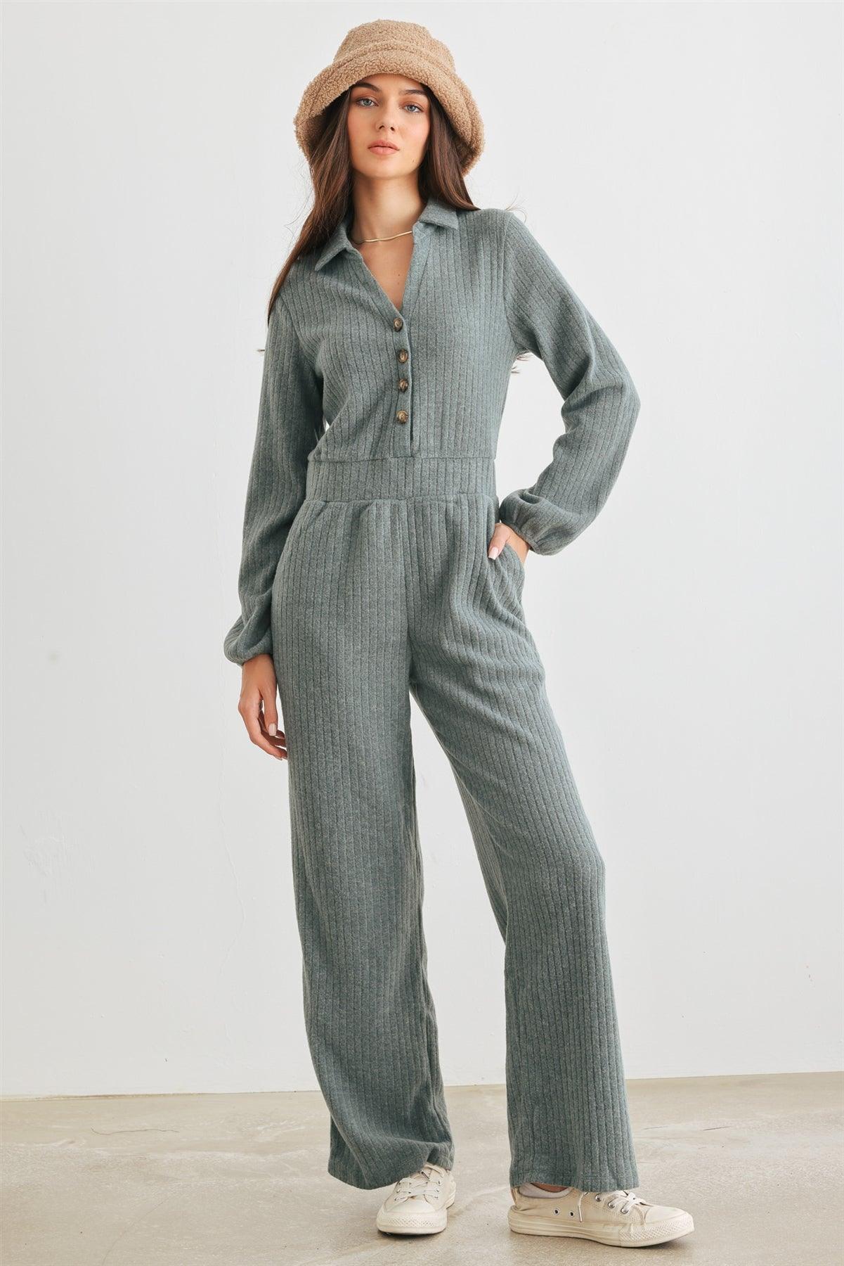 Jade Ribbed Knit Button-Up Collared Neck Two Pocket Jumpsuit /2-2-2