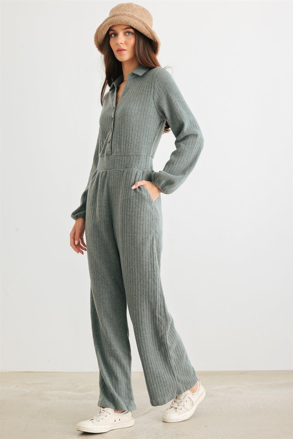 Jade Ribbed Knit Button-Up Collared Neck Two Pocket Jumpsuit /2-2-2