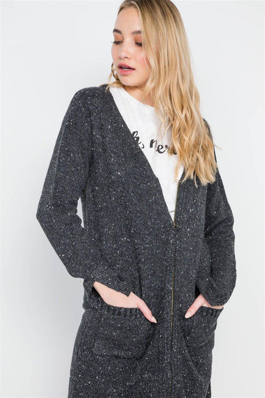 Black Heathered Long Sleeve Zip-Up Cardigan /2-2