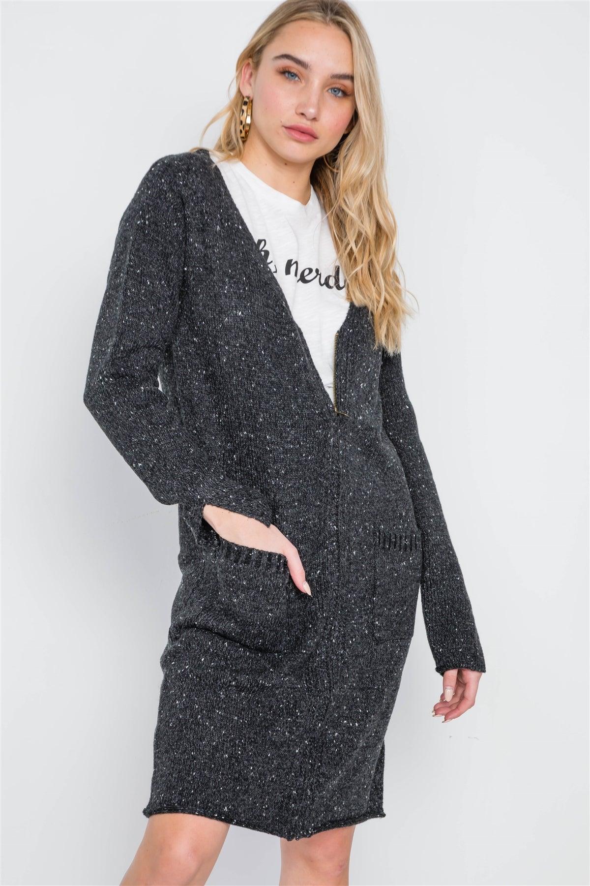 Black Heathered Long Sleeve Zip-Up Cardigan /2-2-2