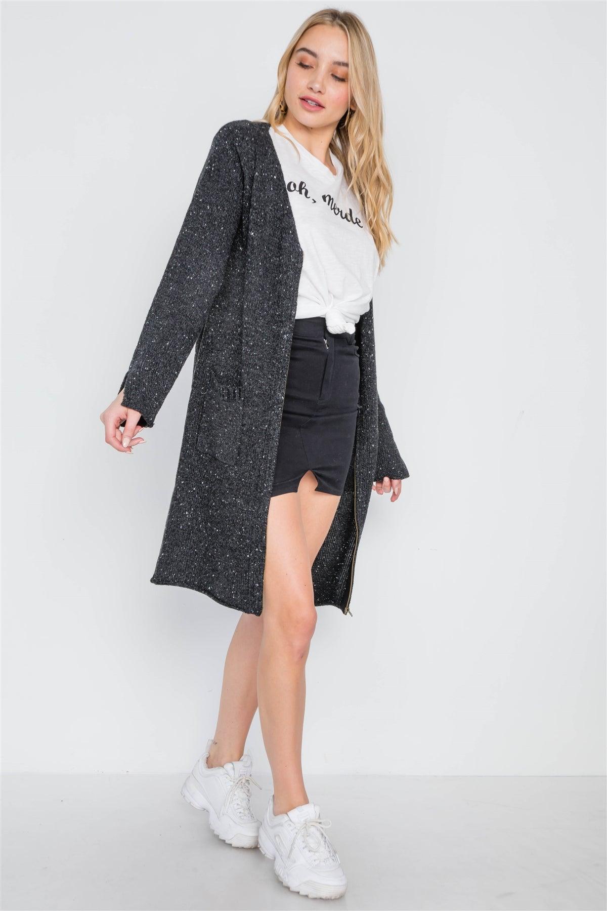 Black Heathered Long Sleeve Zip-Up Cardigan /2-2-2