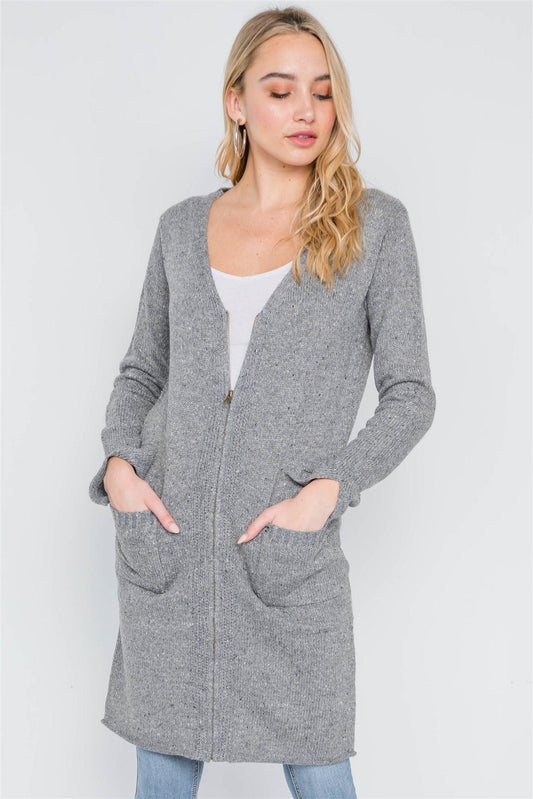 Grey Heathered Long Sleeve Zip-Up Cardigan /2-2-2