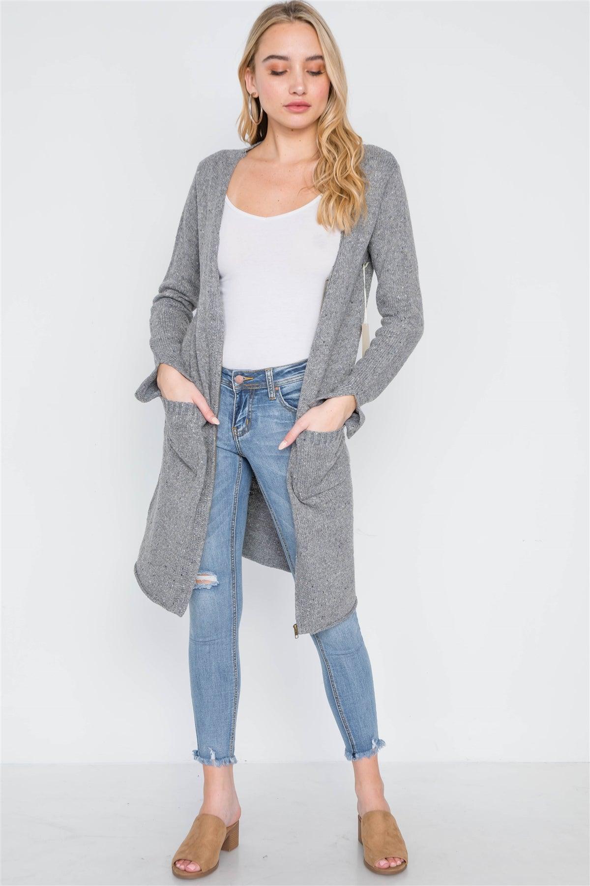 Grey Heathered Long Sleeve Zip-Up Cardigan /2-2-2