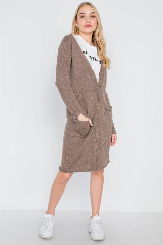 Mocha Heathered Long Sleeve Zip-Up Cardigan /1-2-2