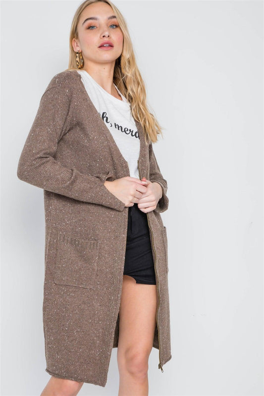 Mocha Heathered Long Sleeve Zip-Up Cardigan /2-2-2