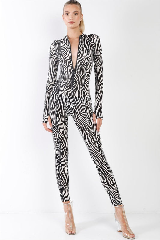 Black & White Zebra Print Long Sleeve High-Neck Front Zip Fitted Catsuit / Jumpsuit /2-2-2