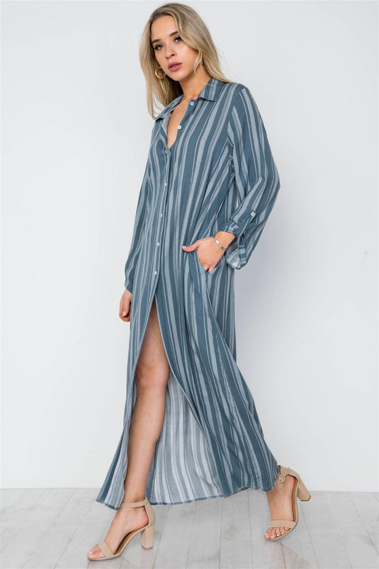 Dusty Blue Stripe Long Sleeve Button Down Shirt Dress / 2-2-2