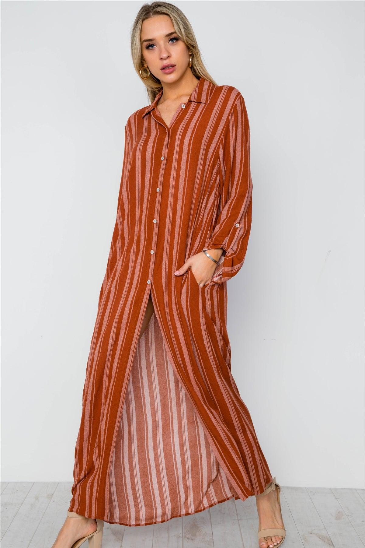 Rust Stripe Long Sleeve Button Down Shirt Dress / 2-2-2