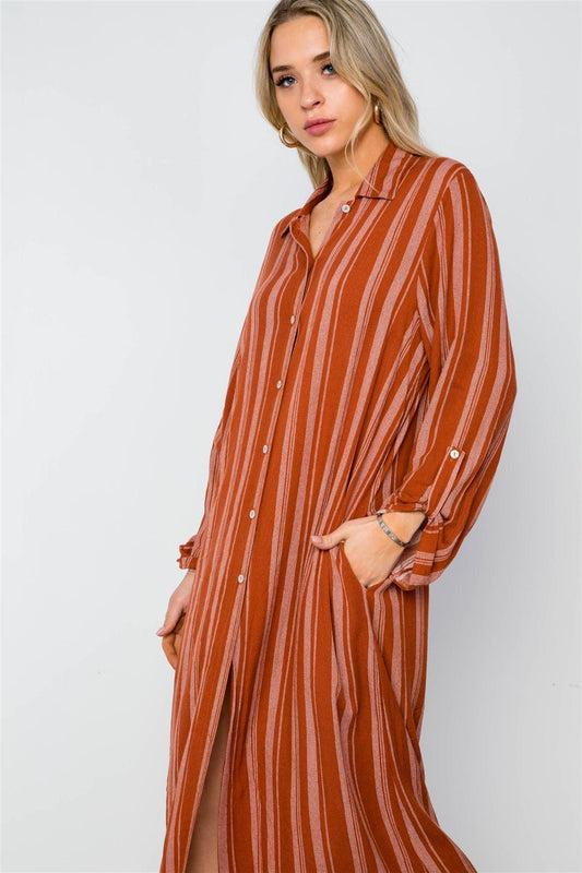 Rust Stripe Long Sleeve Button Down Shirt Dress