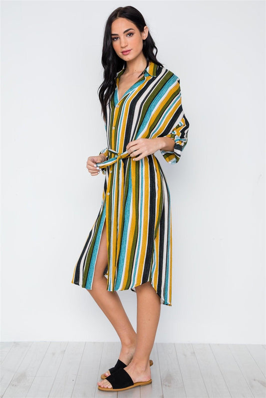 Black Mustard Olive Multi Stripe Button Down Shirt Dress /3-2