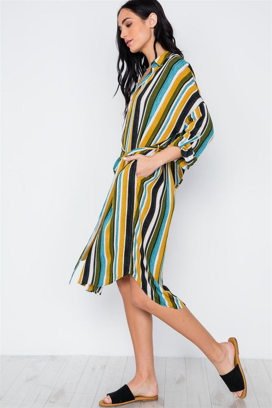 Black Mustard Olive Multi Stripe Button Down Shirt Dress /2-2-2