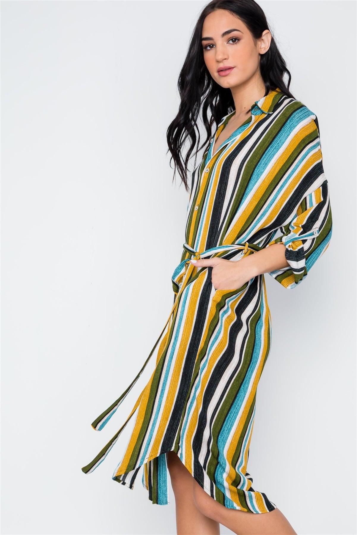 Black Mustard Olive Multi Stripe Button Down Shirt Dress /2-2-2