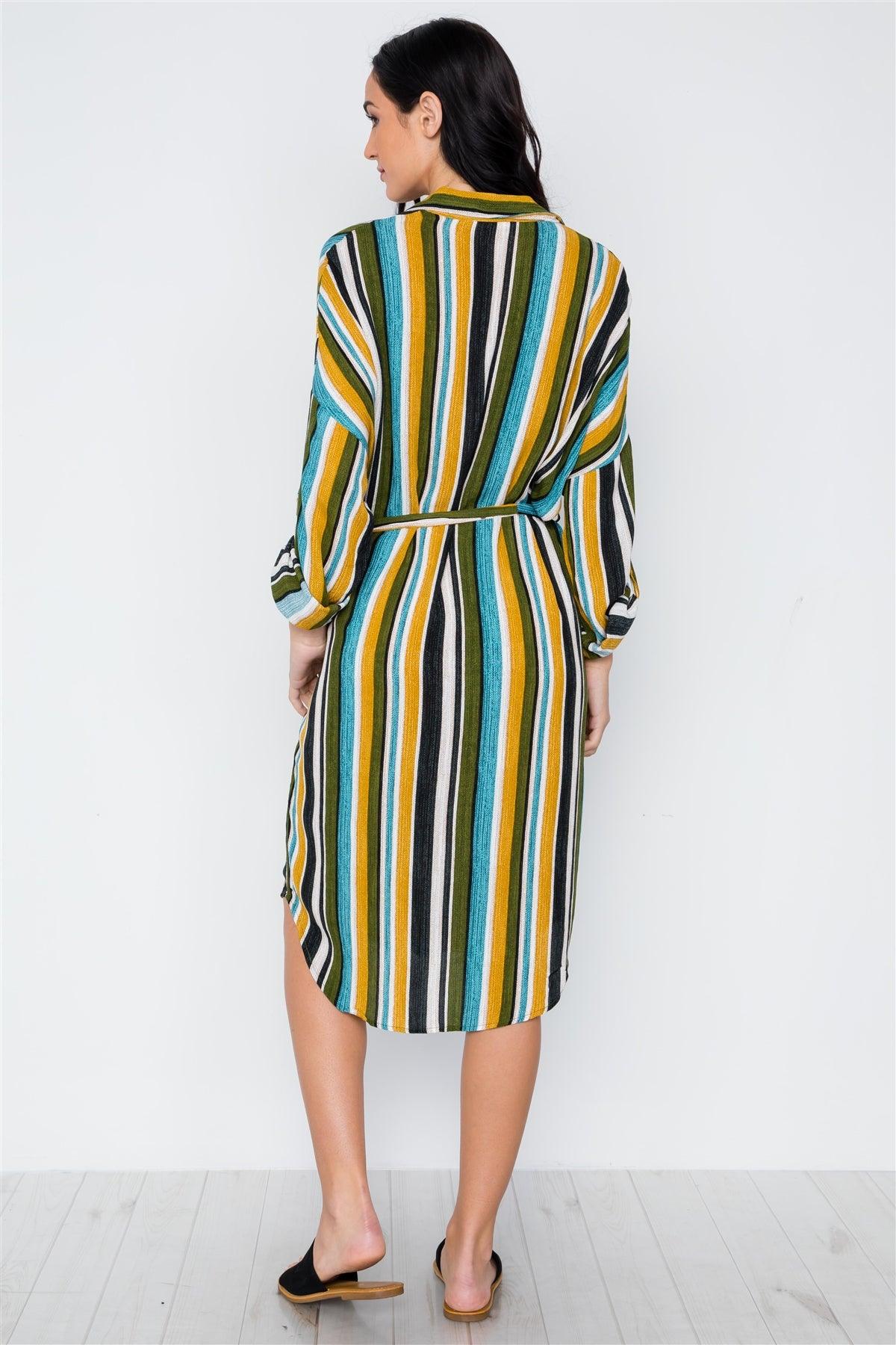 Black Mustard Olive Multi Stripe Button Down Shirt Dress /2-2-2