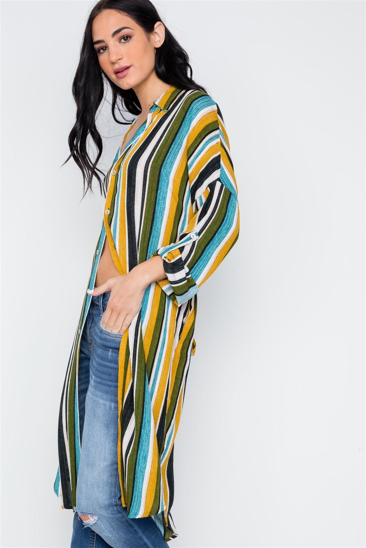 Black Mustard Olive Multi Stripe Button Down Shirt Dress /2-2-2