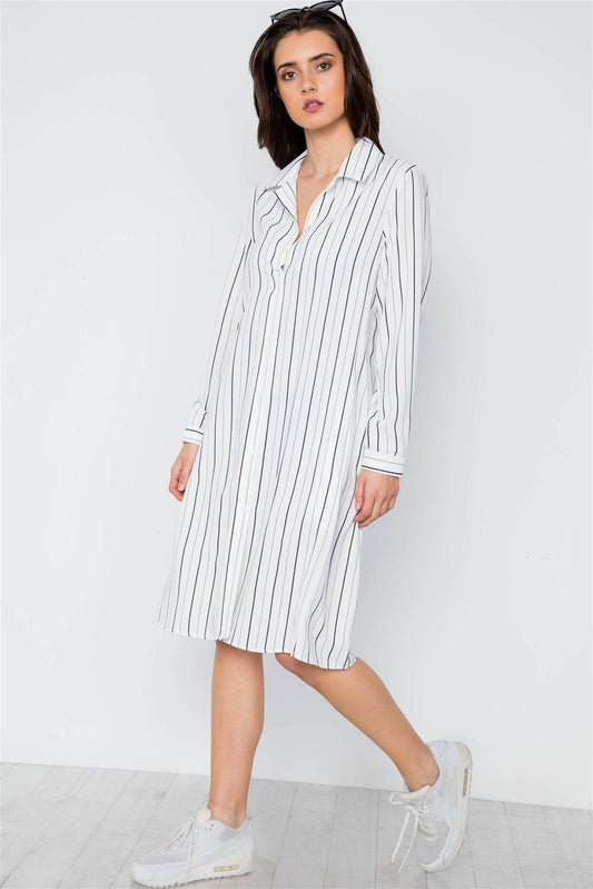 White Stripe Button Down Blouse Shirt Dress / 2-2-2