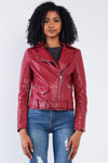 Burgundy Vegan Leather Oblique Zipper Ribbed Shoulder Belted Cropped Moto Jacket /2-2-2