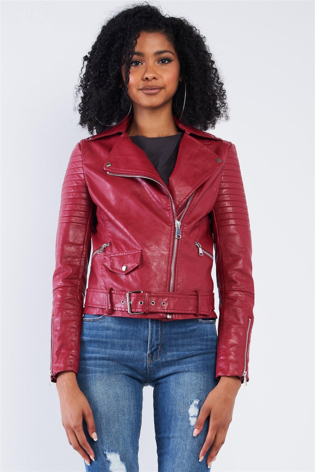 Burgundy Vegan Leather Oblique Zipper Ribbed Shoulder Belted Cropped Moto Jacket /2-2-2