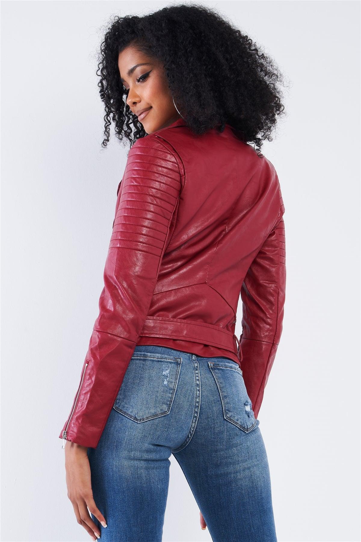 Burgundy Vegan Leather Oblique Zipper Ribbed Shoulder Belted Cropped Moto Jacket /2-2-2