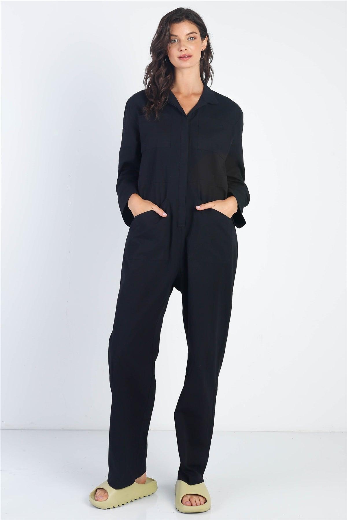 Black Collared Button-Up Long Sleeve Jumpsuit /1-2-2