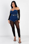 Black Mesh Second Skin & Dark Denim Off-The-Shoulder Raw Trim Long Sleeve Jumpsuit /2-2-2