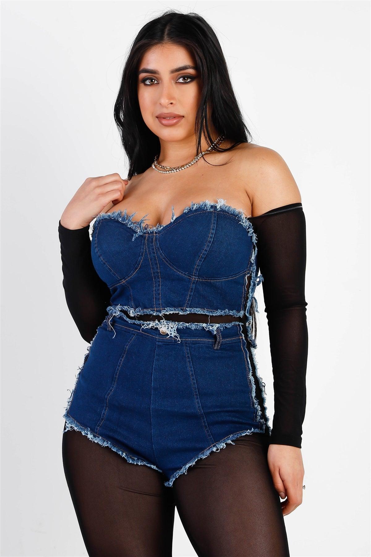 Black Mesh Second Skin & Dark Denim Off-The-Shoulder Raw Trim Long Sleeve Jumpsuit /2-2-2