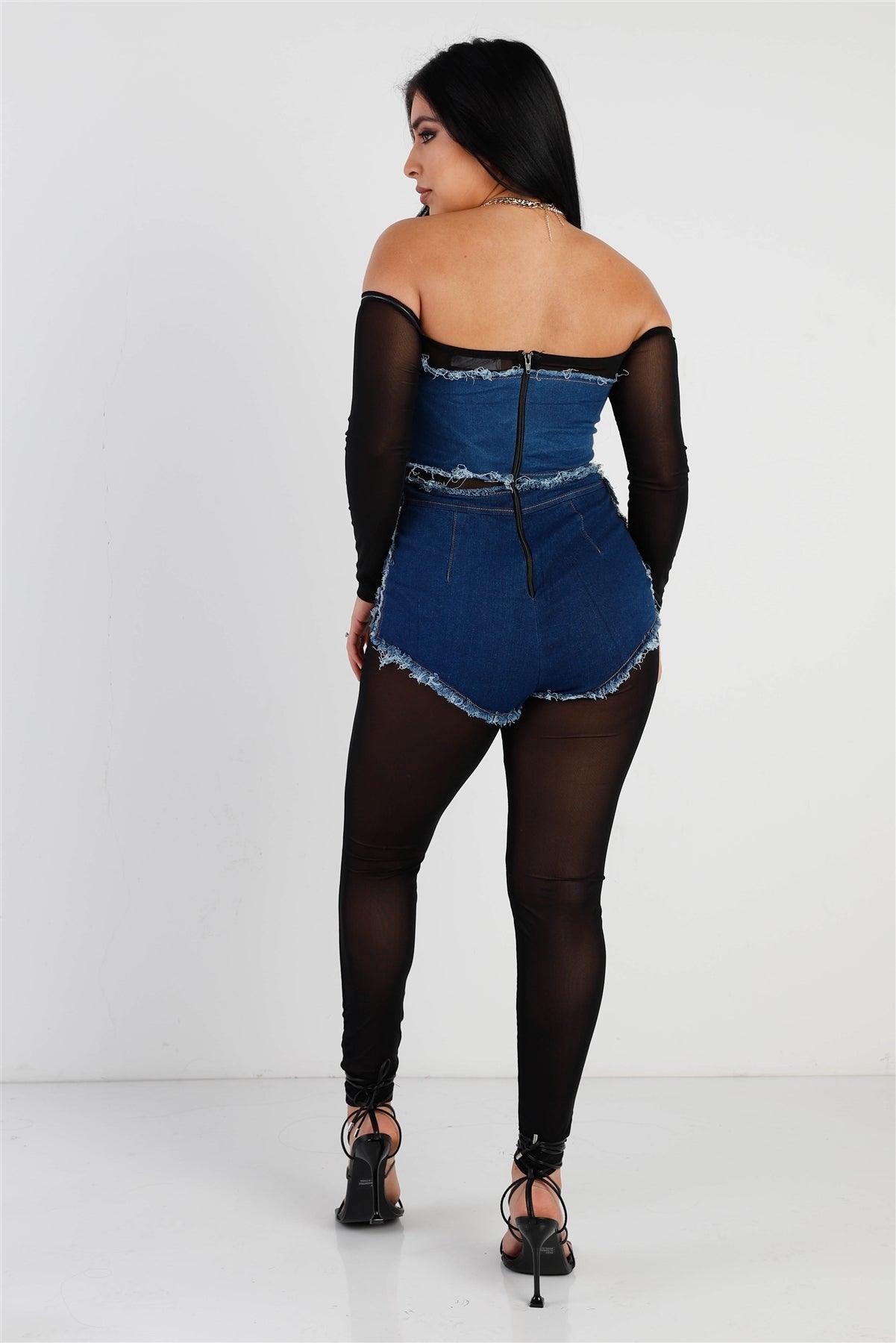 Black Mesh Second Skin & Dark Denim Off-The-Shoulder Raw Trim Long Sleeve Jumpsuit /2-2-2