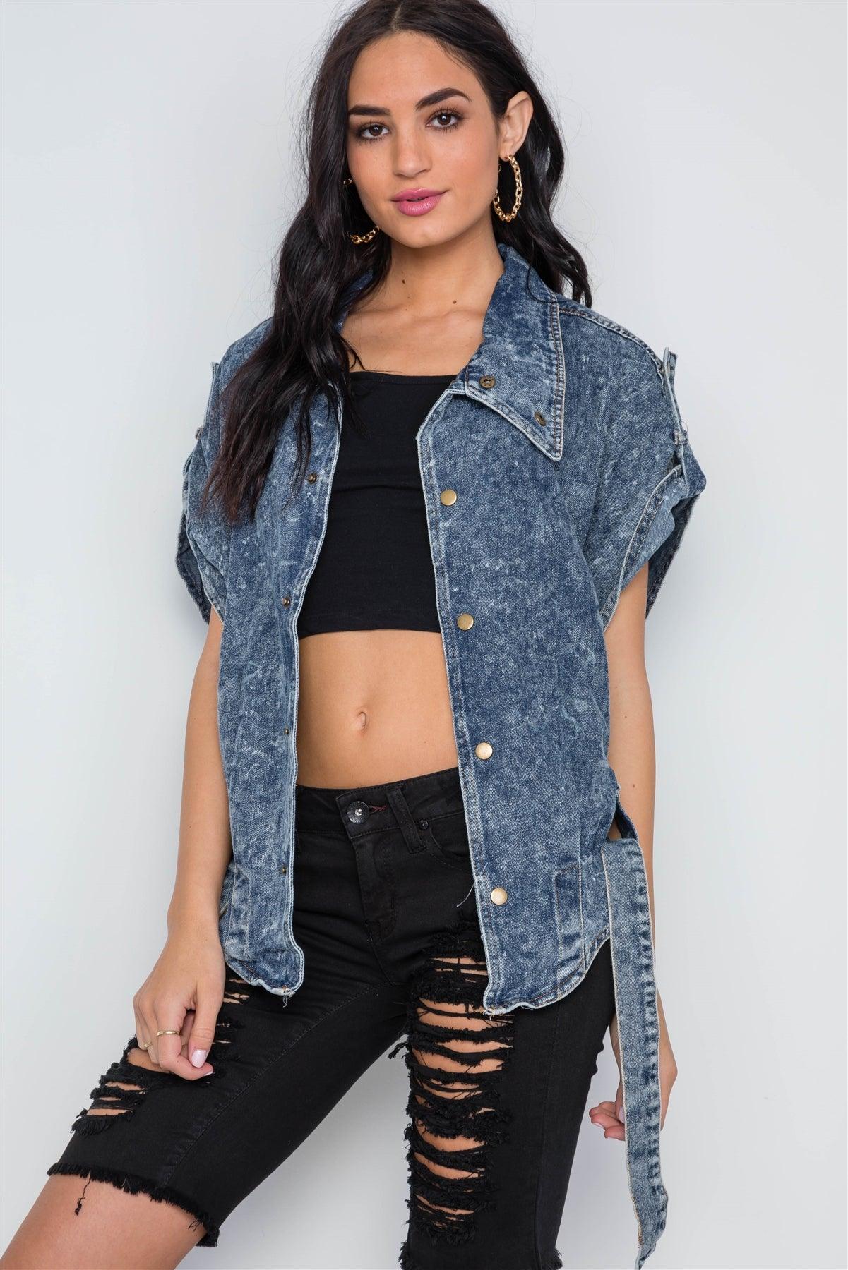 Dark Blue Denim Batwing Snap Button Retro Jacket