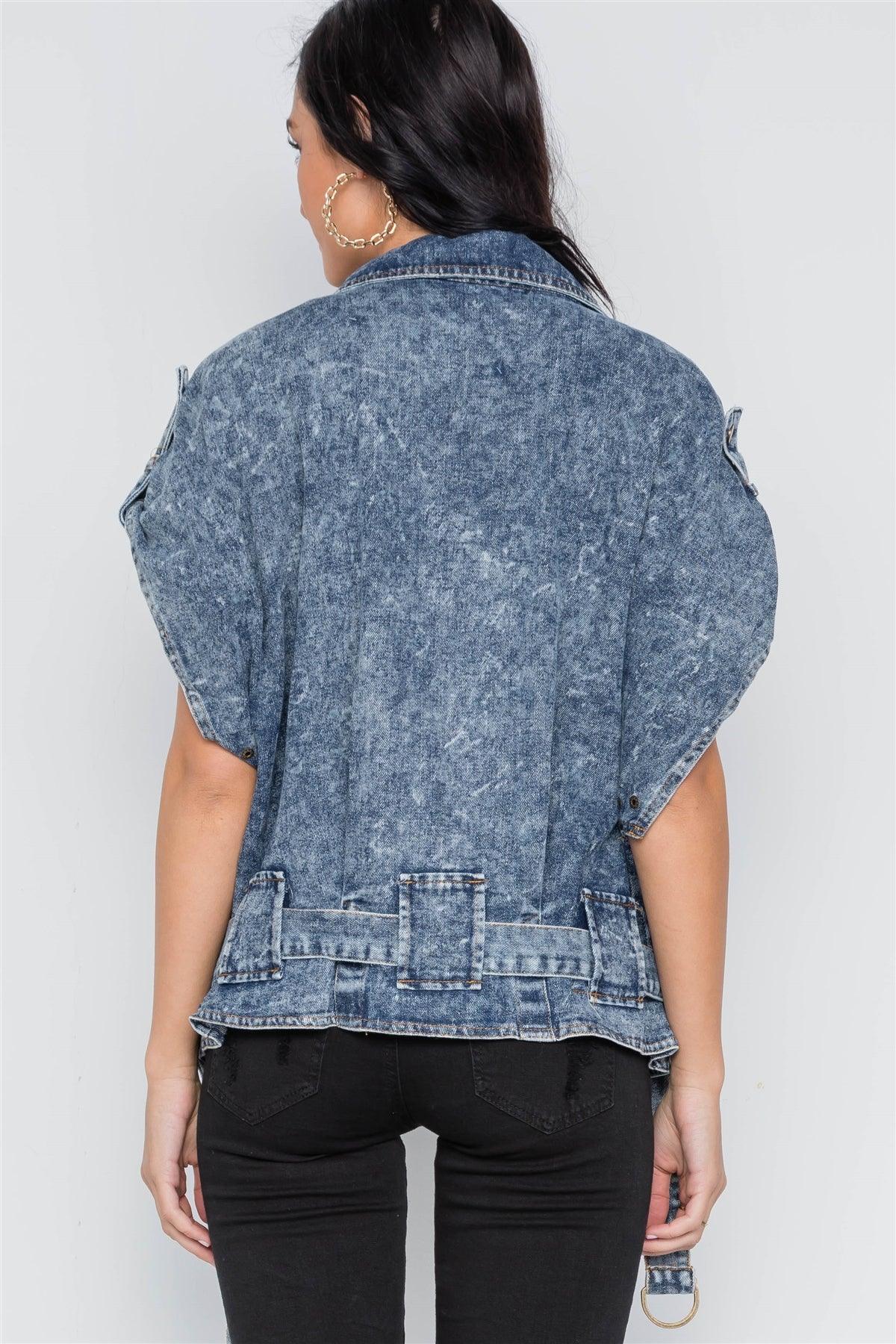 Dark Blue Denim Batwing Snap Button Retro Jacket