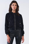 Black Long Sleeve Fleece Zip-Up Bomber Jacket /2-2-2