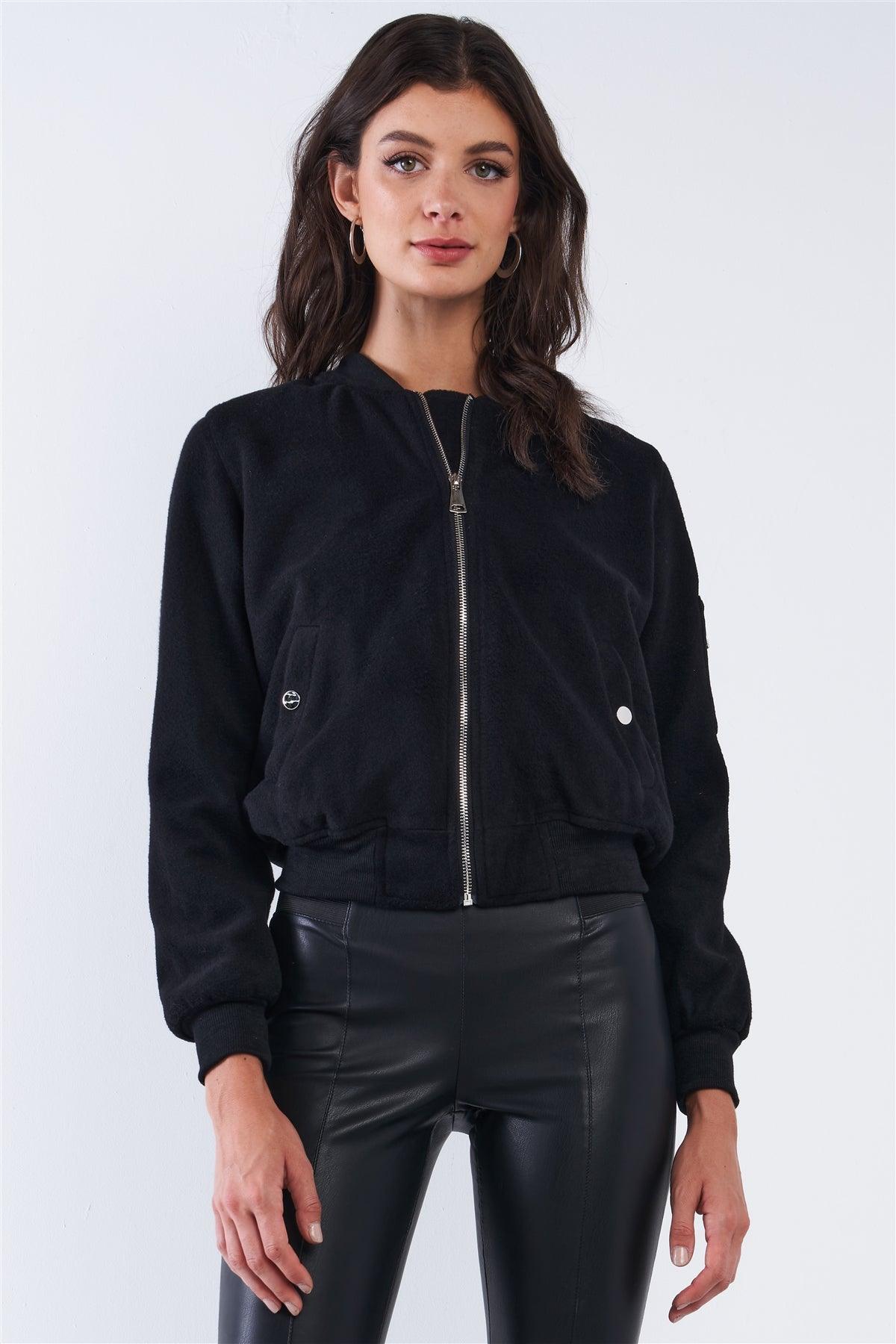 Black Long Sleeve Fleece Zip-Up Bomber Jacket /3-1-2