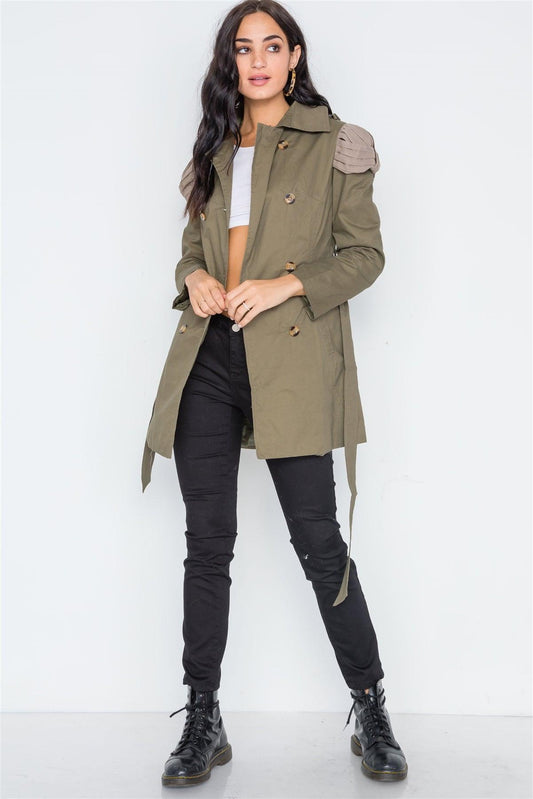 Olive Double Breasted Long Sleeve Trench Coat /1-2-2