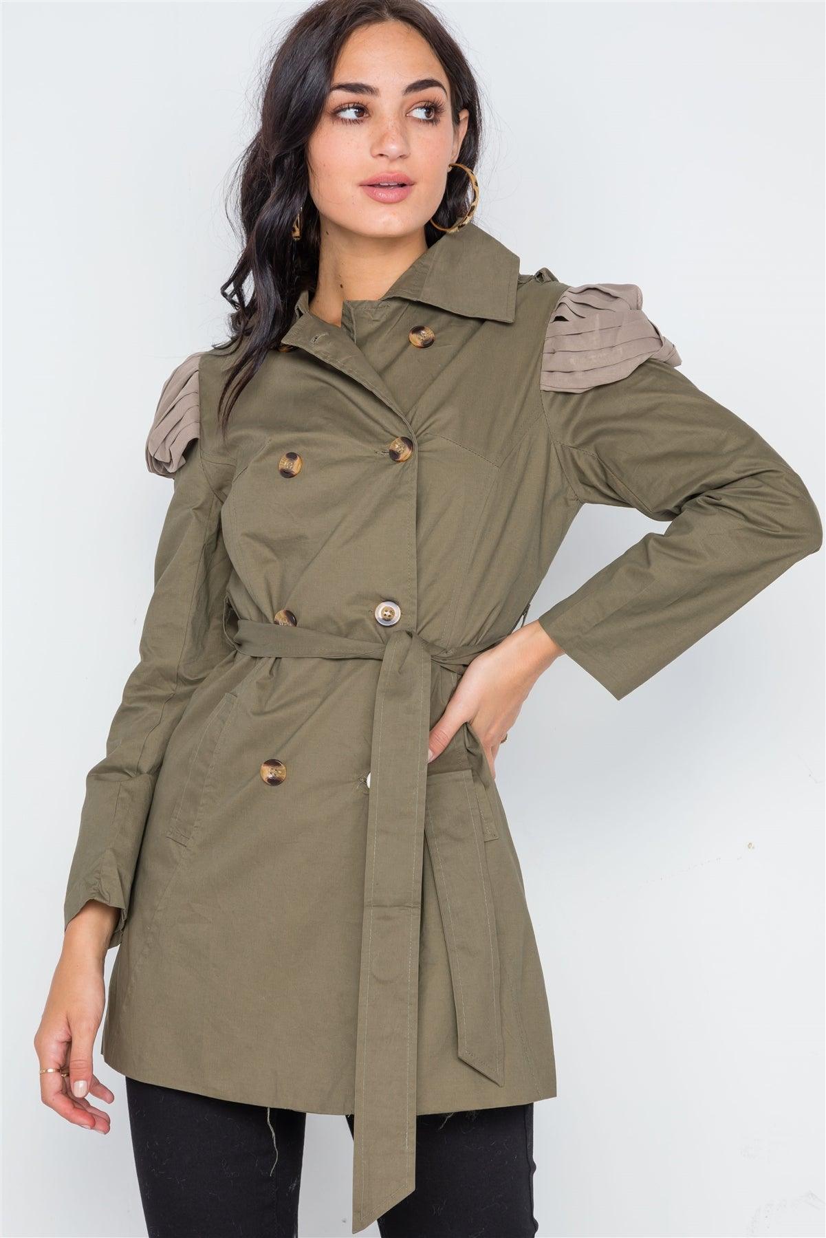 Olive Double Breasted Long Sleeve Trench Coat /1-2-2