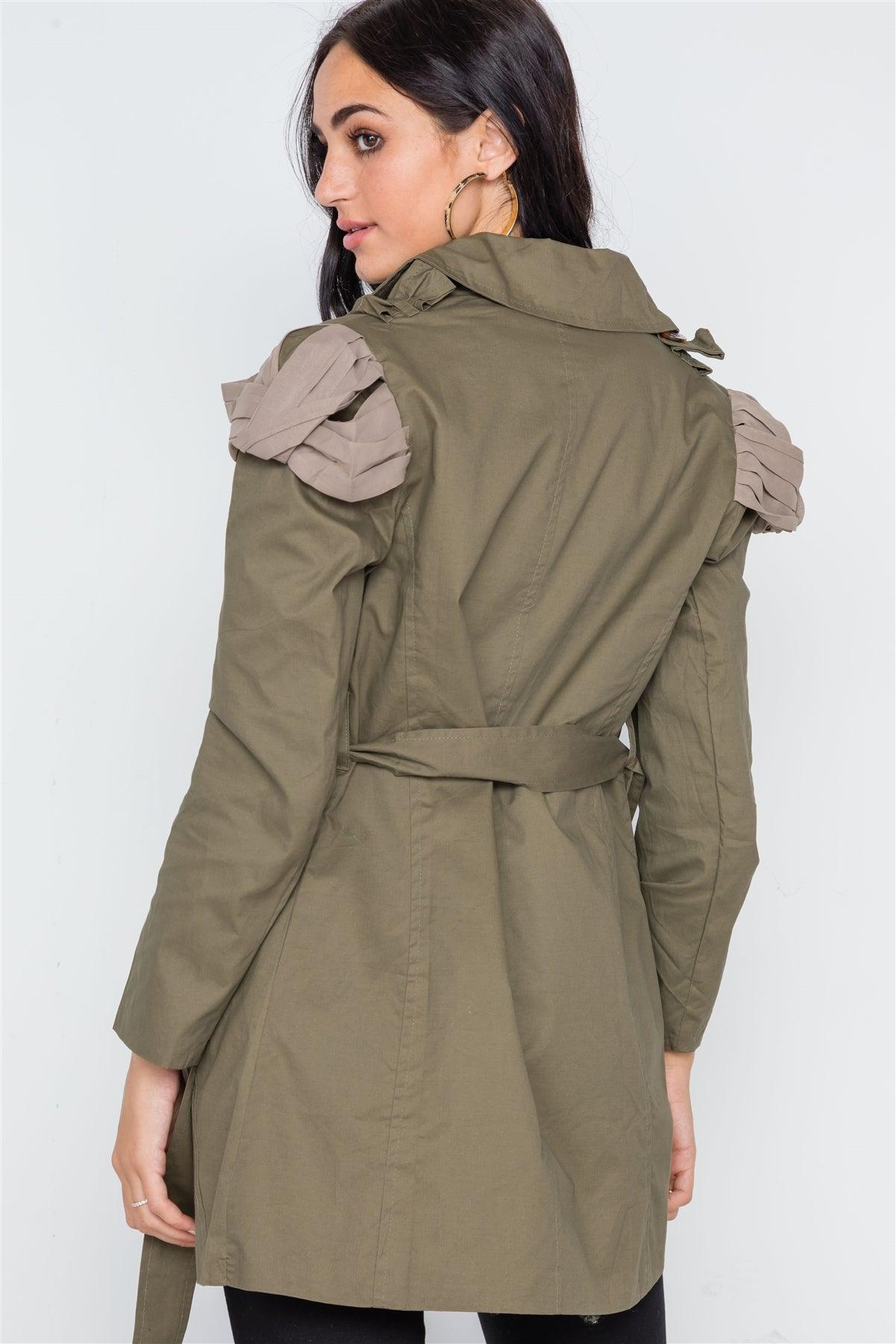 Olive Double Breasted Long Sleeve Trench Coat /1-2-2