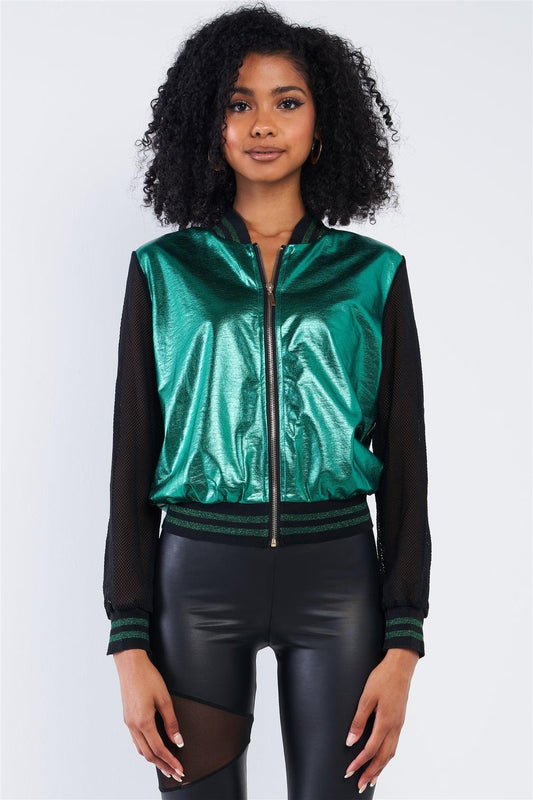 Shiny Green 1980's Inspired Metallic Rave Net Long Sleeve Bomber Jacket /2-2-2